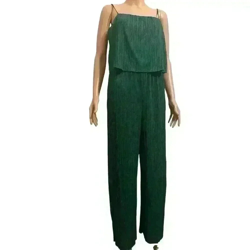Lush- Green Lightweight Pleated Jumpsuit Wide Legged. Stretchy & Comfortable